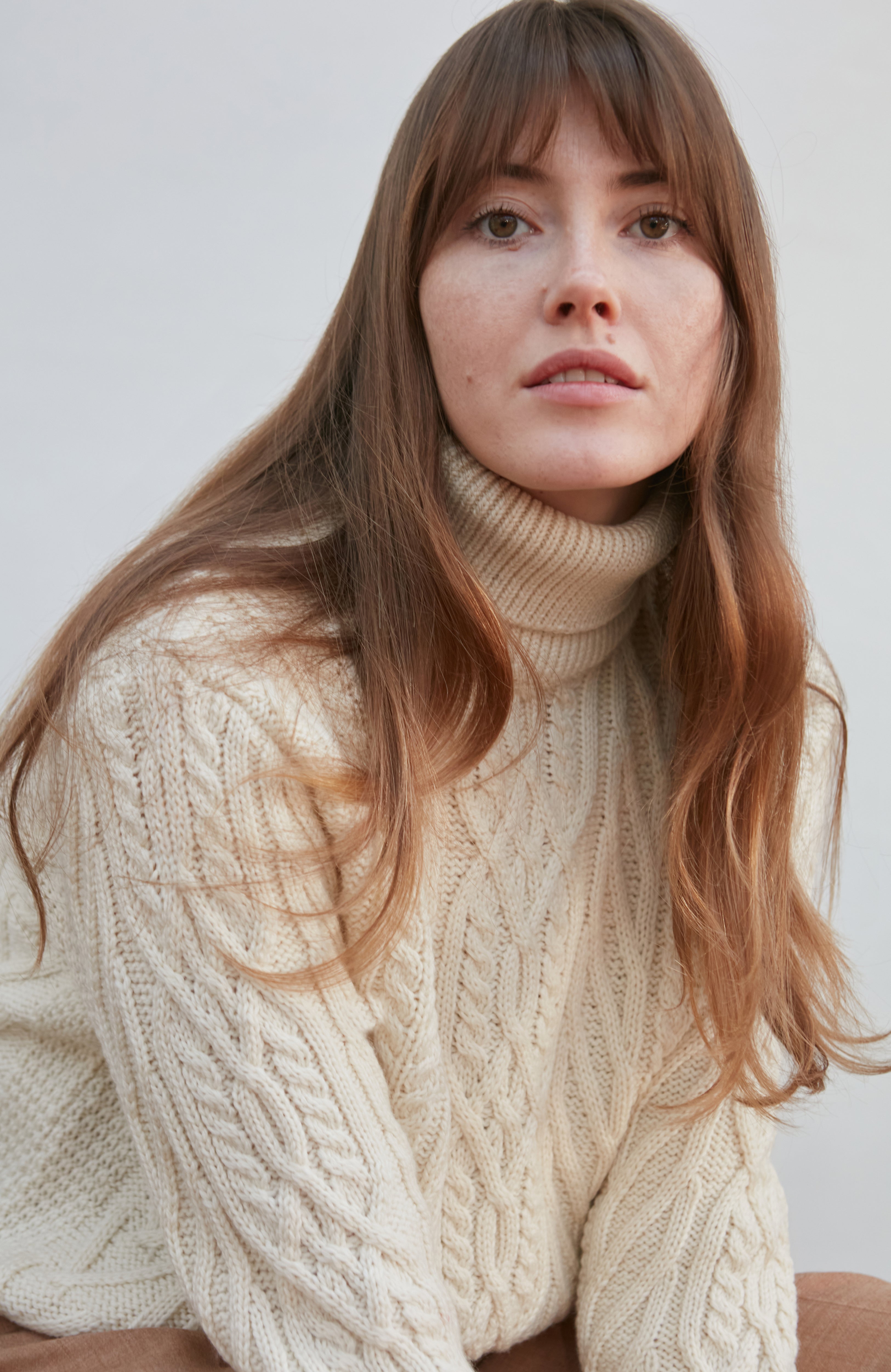 Womens Chunky Merino Wool Roll Neck Cable Jumper