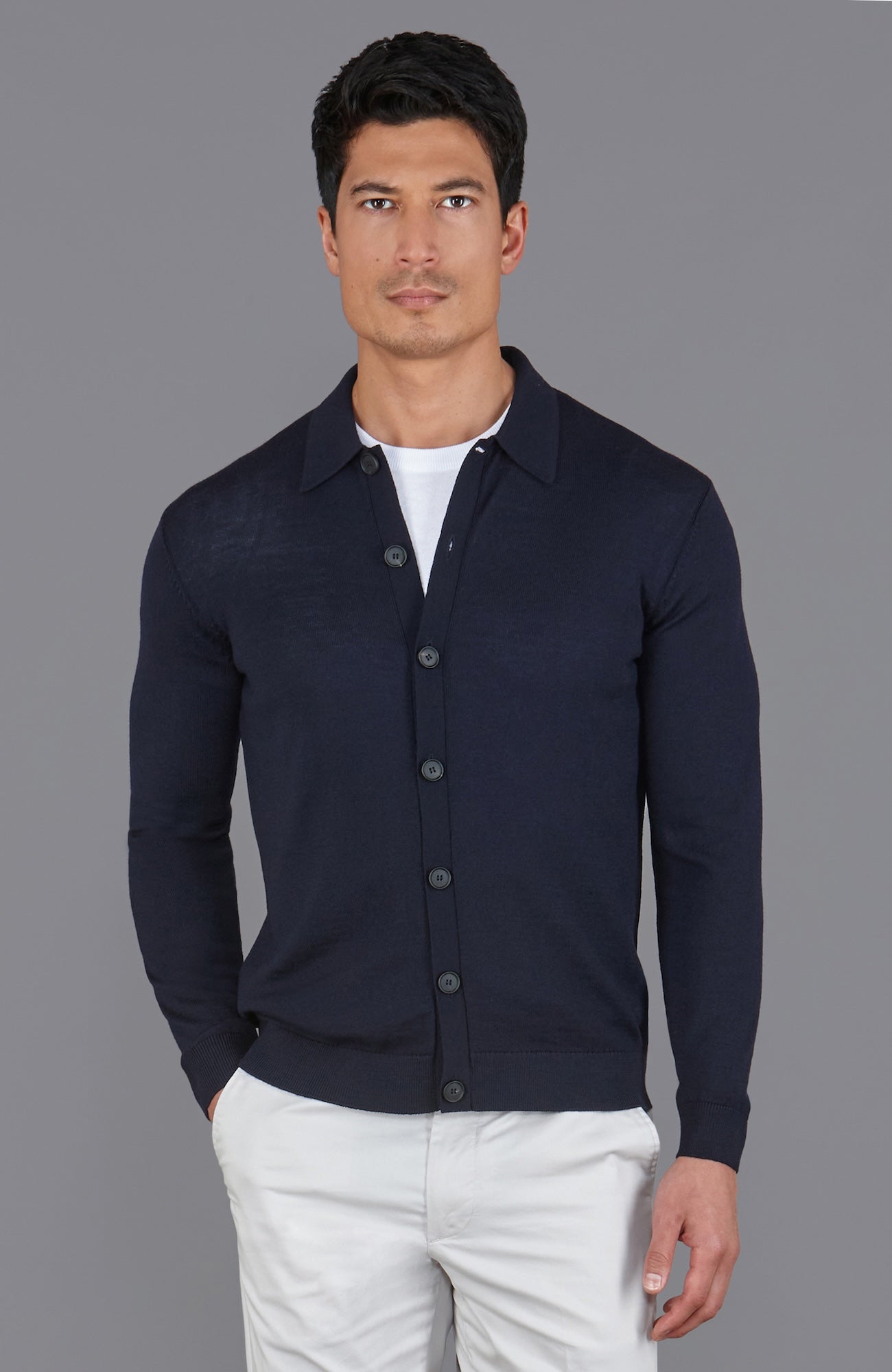 Mens Extra Fine Merino Wool Polo Cardigan