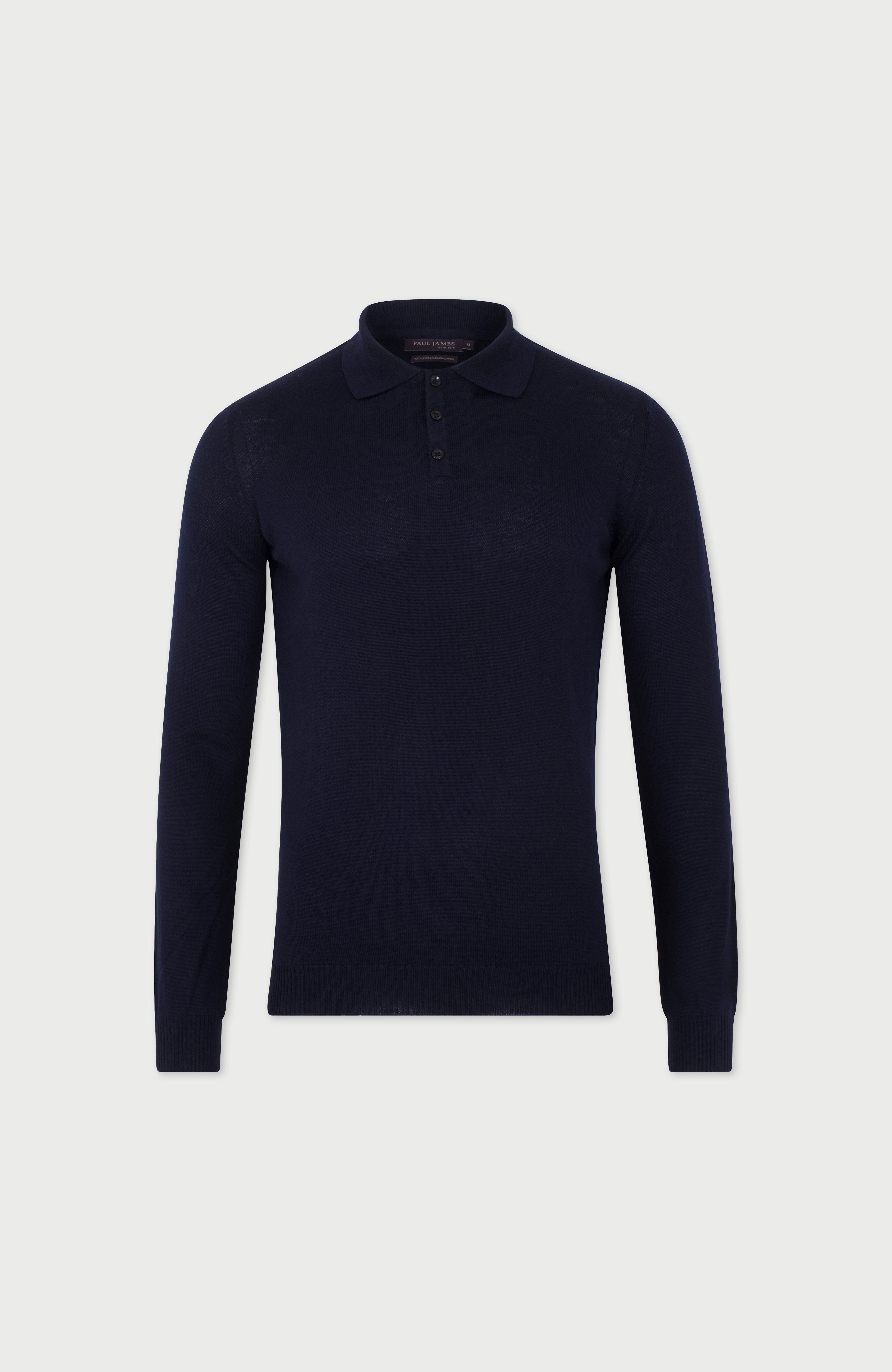 Mens Extra Fine Merino Wool Long Sleeve Polo Shirt