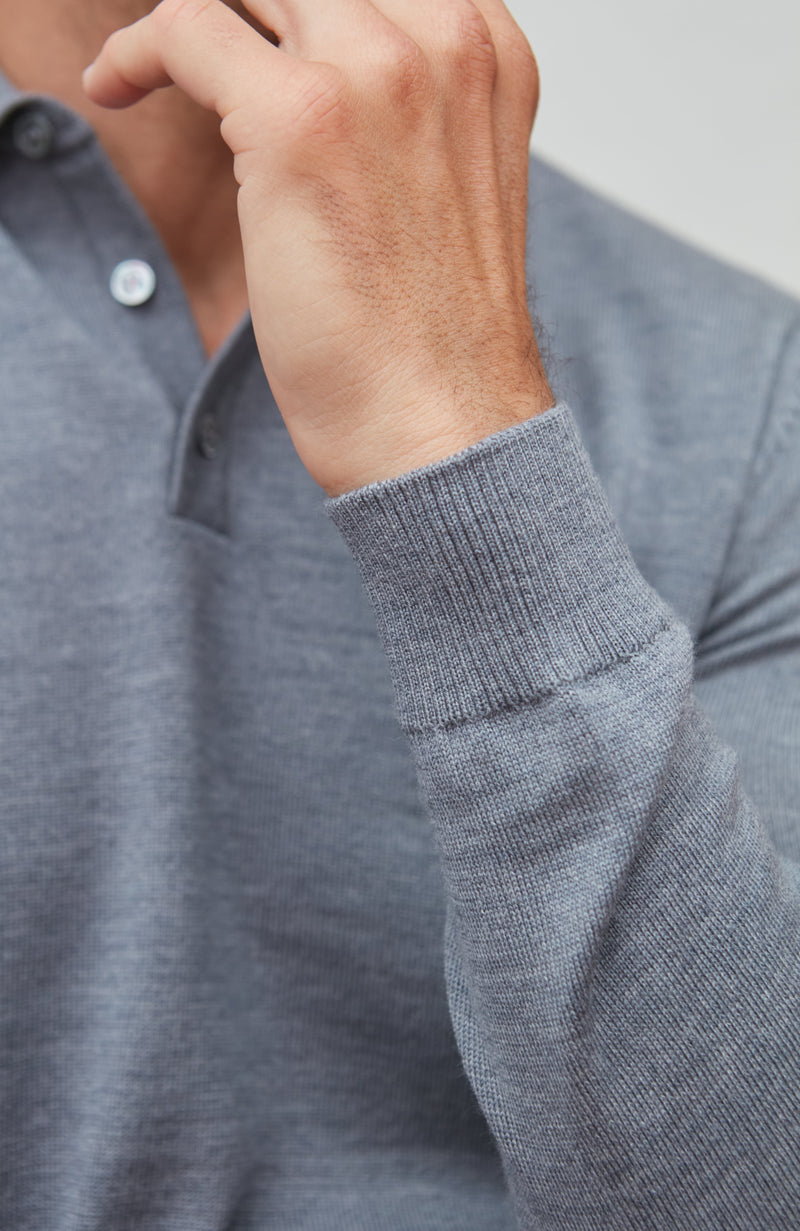 Mens Extra Fine Merino Wool Long Sleeve Polo Shirt