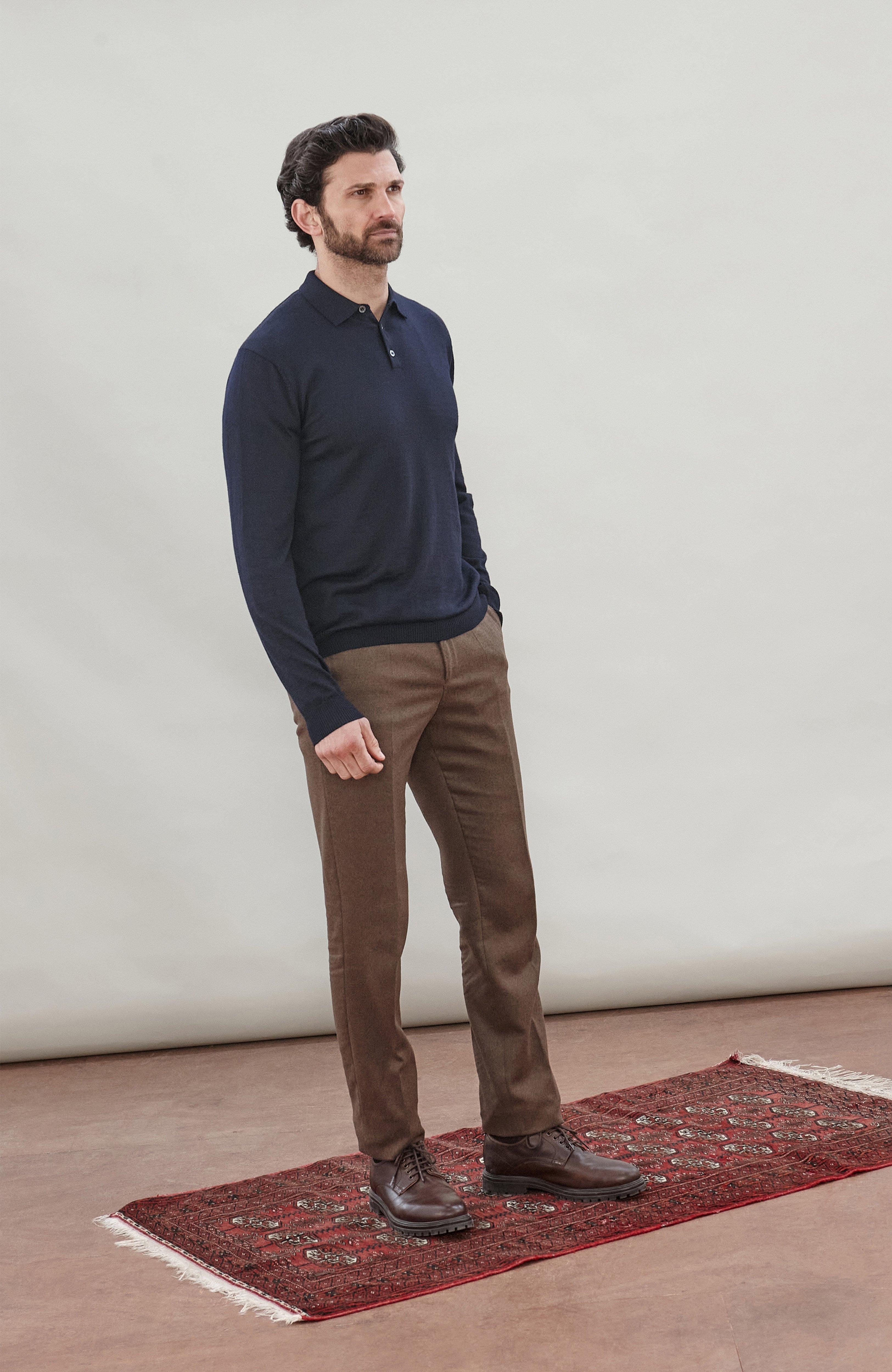 Mens Extra Fine Merino Wool Long Sleeve Polo Shirt