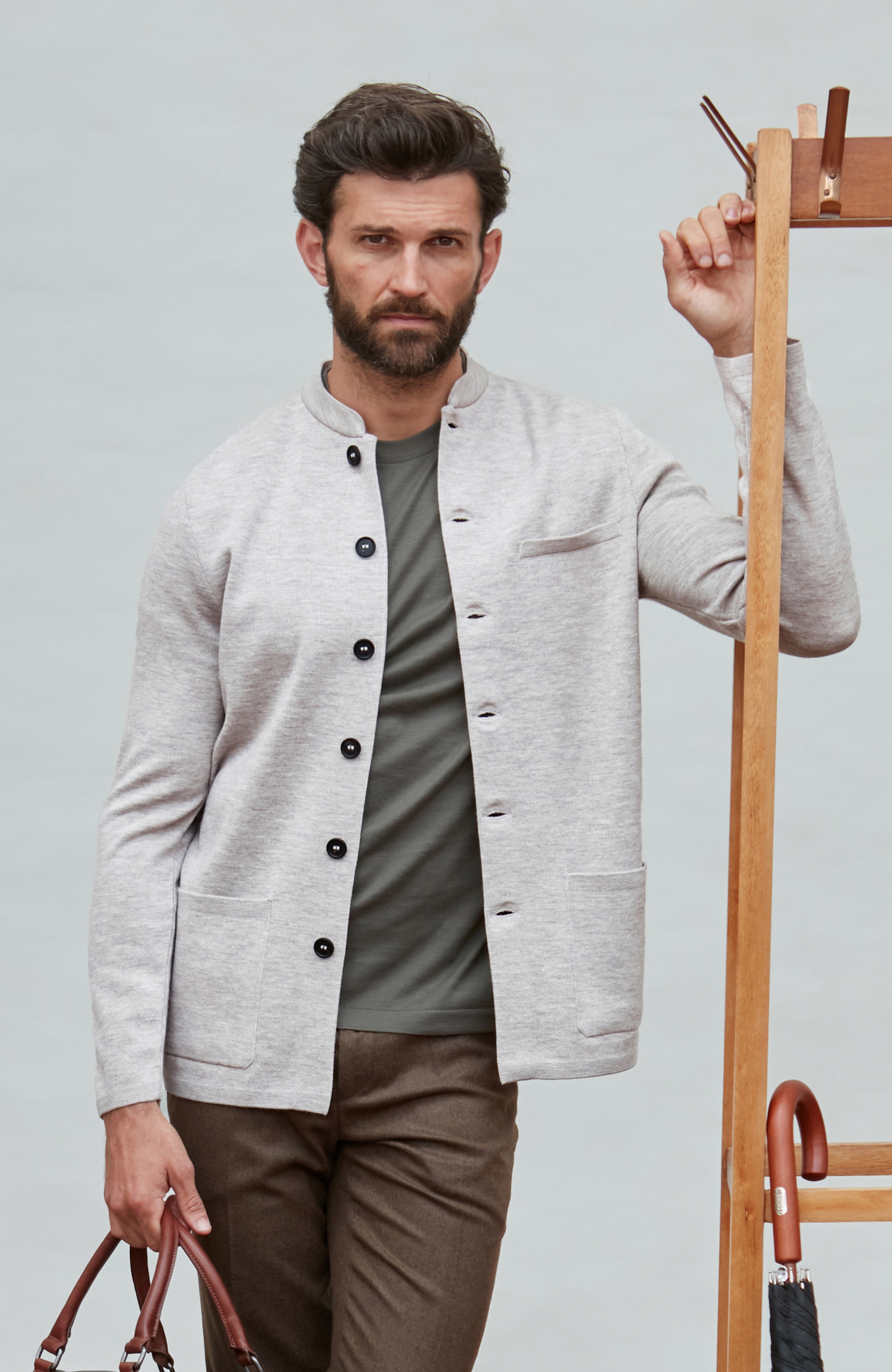 Mens Extra Fine Merino Wool Knitted Nehru Jacket