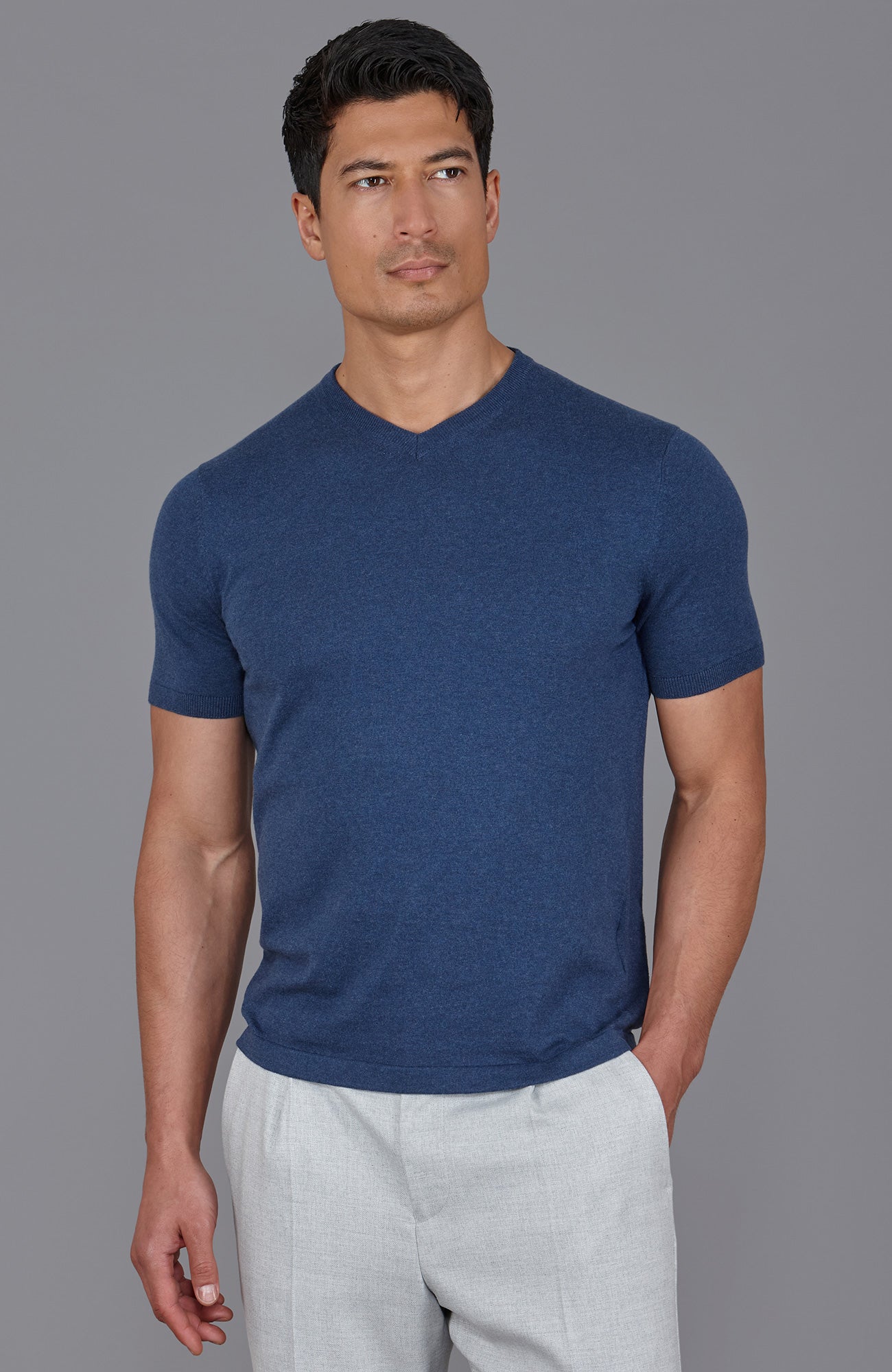Mens Ultra Fine Cotton High V Neck Knitted T-Shirt
