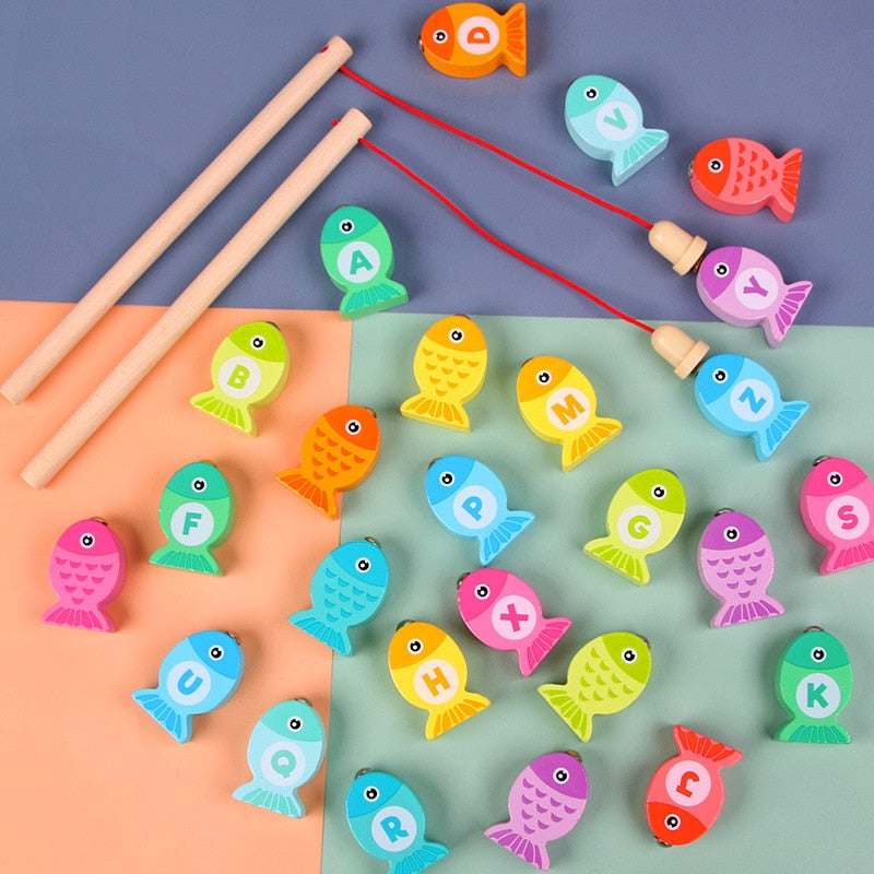 Montessori Educational Wooden Toys: Board Numbers & Alphabet Fishing Game