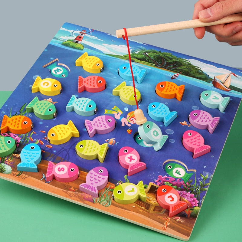 Montessori Educational Wooden Toys: Board Numbers & Alphabet Fishing Game