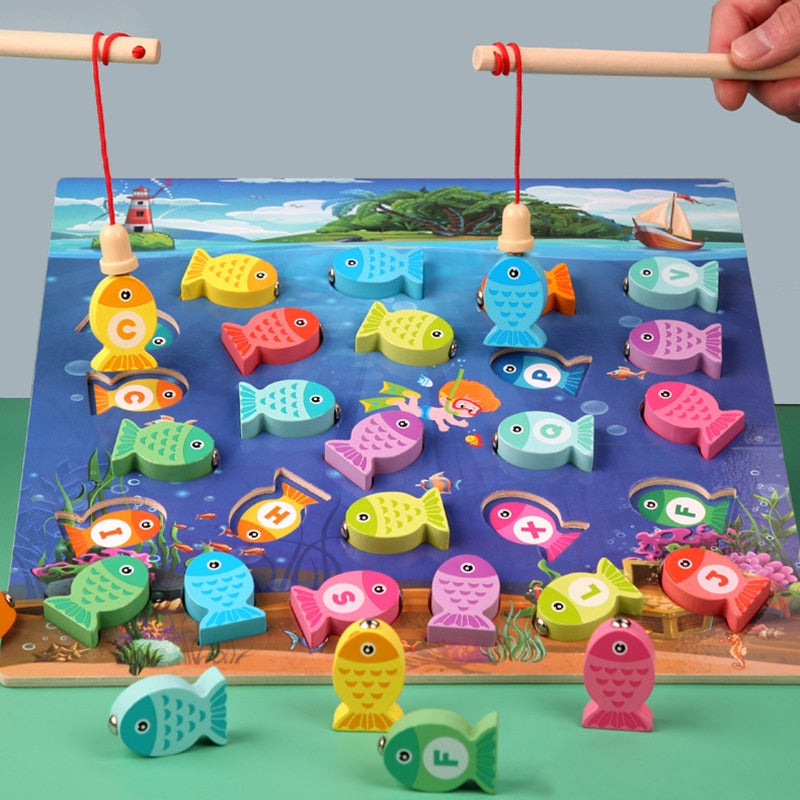 Montessori Educational Wooden Toys: Board Numbers & Alphabet Fishing Game