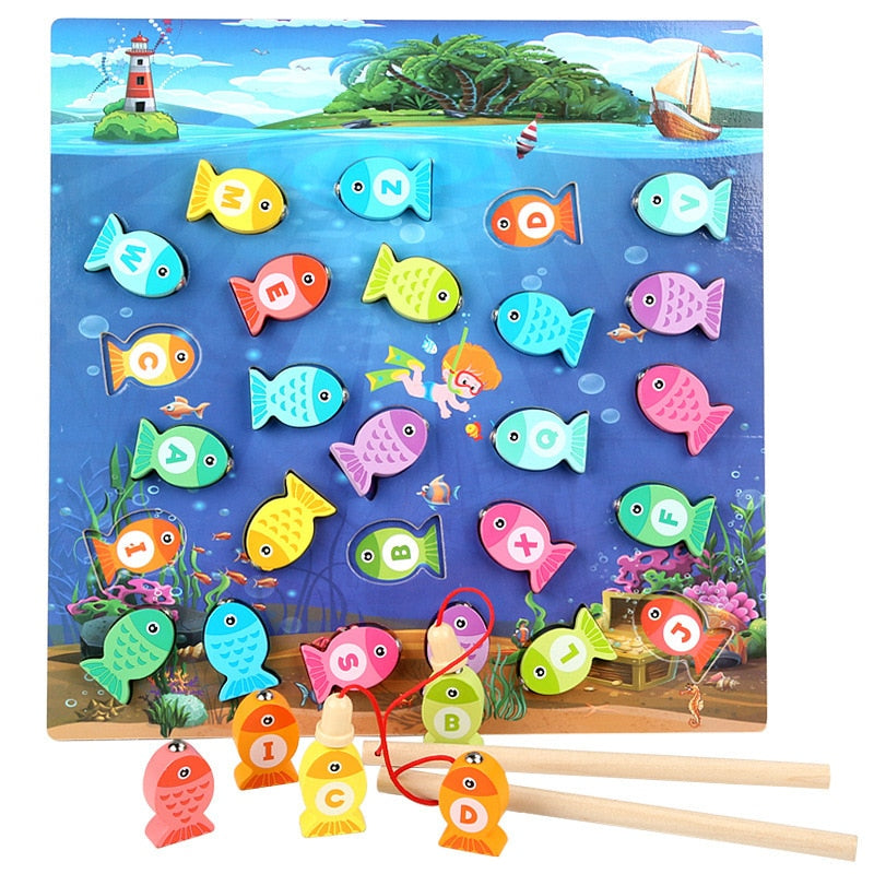 Montessori Educational Wooden Toys: Board Numbers & Alphabet Fishing Game