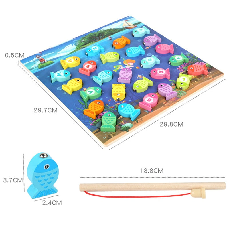 Montessori Educational Wooden Toys: Board Numbers & Alphabet Fishing Game