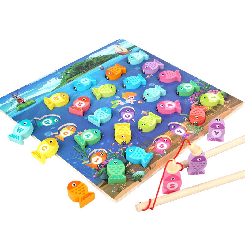 Montessori Educational Wooden Toys: Board Numbers & Alphabet Fishing Game