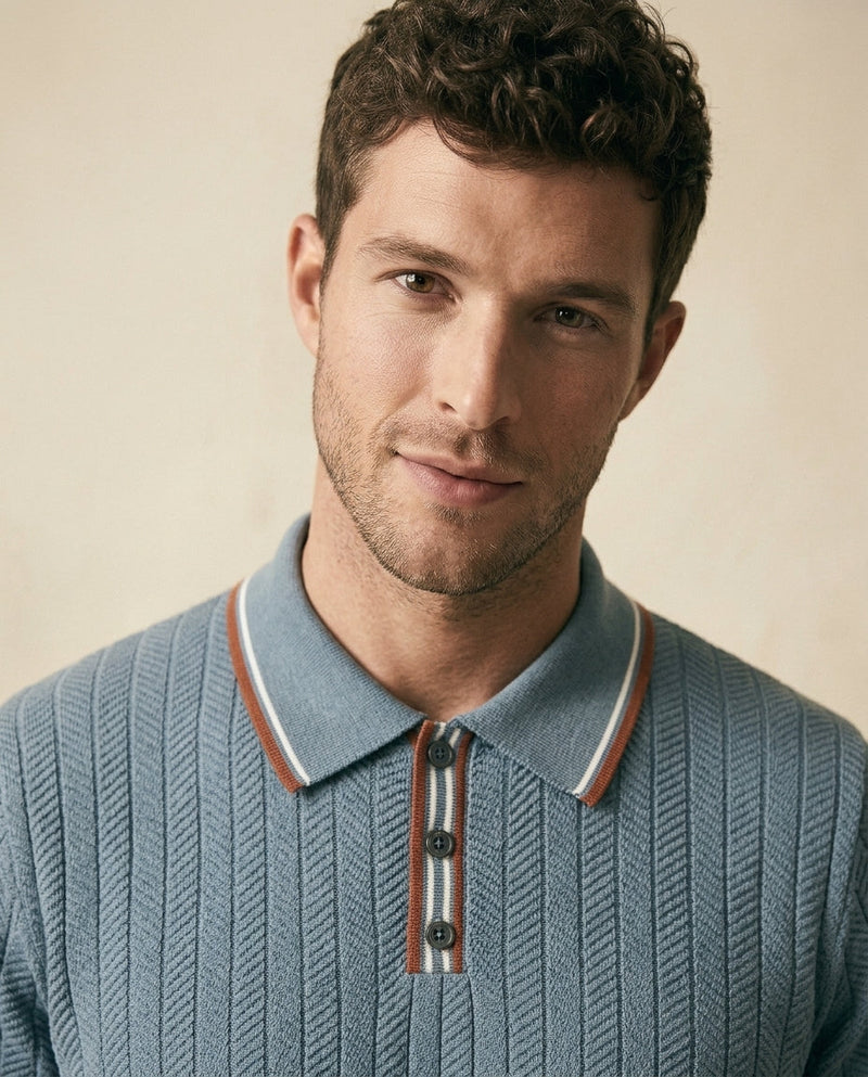 Herringbone Knit Polo Open Collar