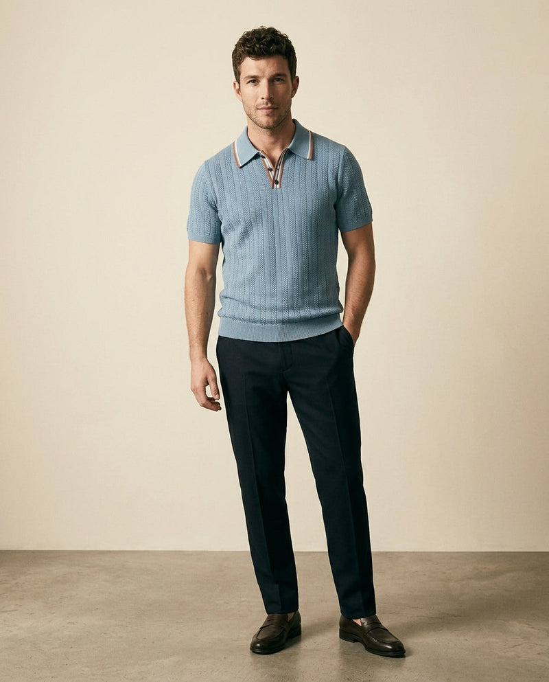 Herringbone Knit Polo Open Collar