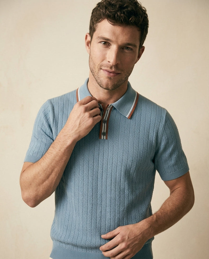 Herringbone Knit Polo Open Collar