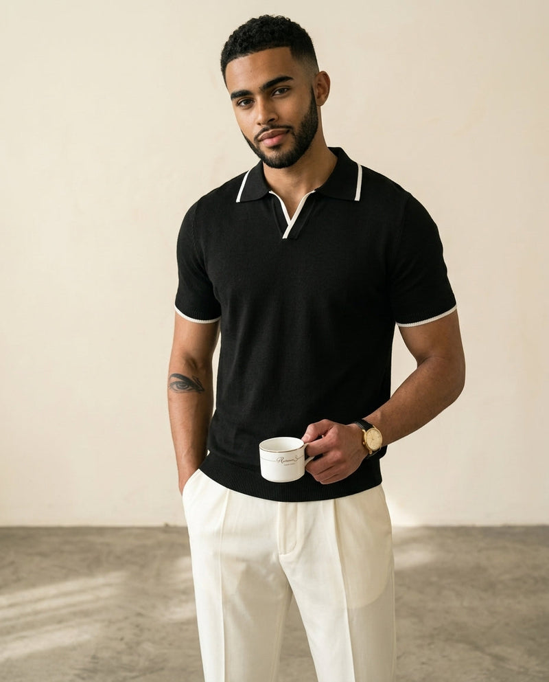 Open Collar Knit Polo Black