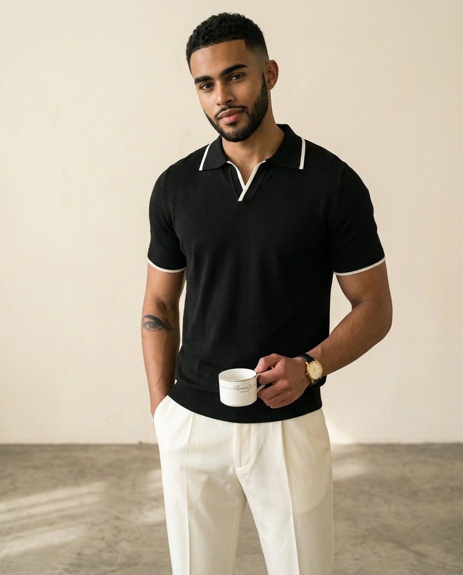 Open Collar Knit Polo Black