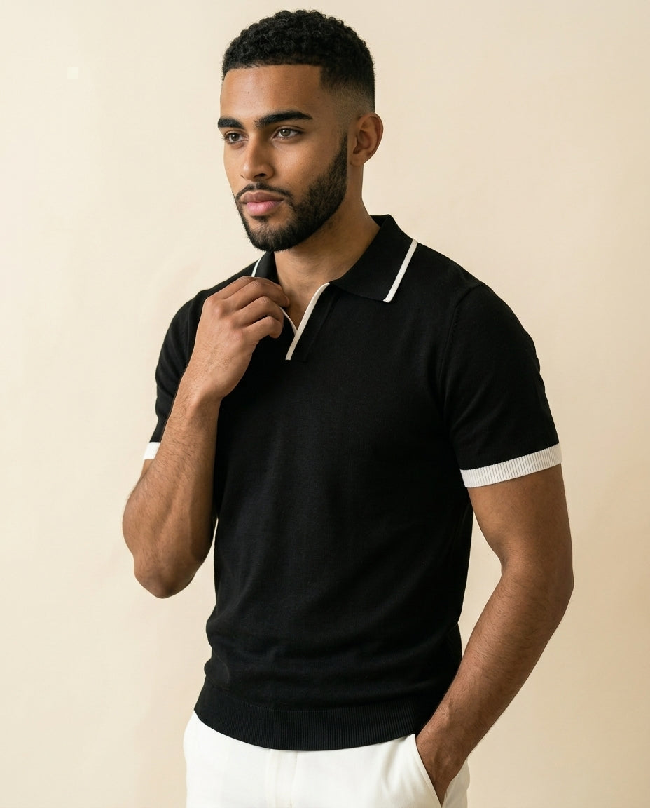 Open Collar Knit Polo Black