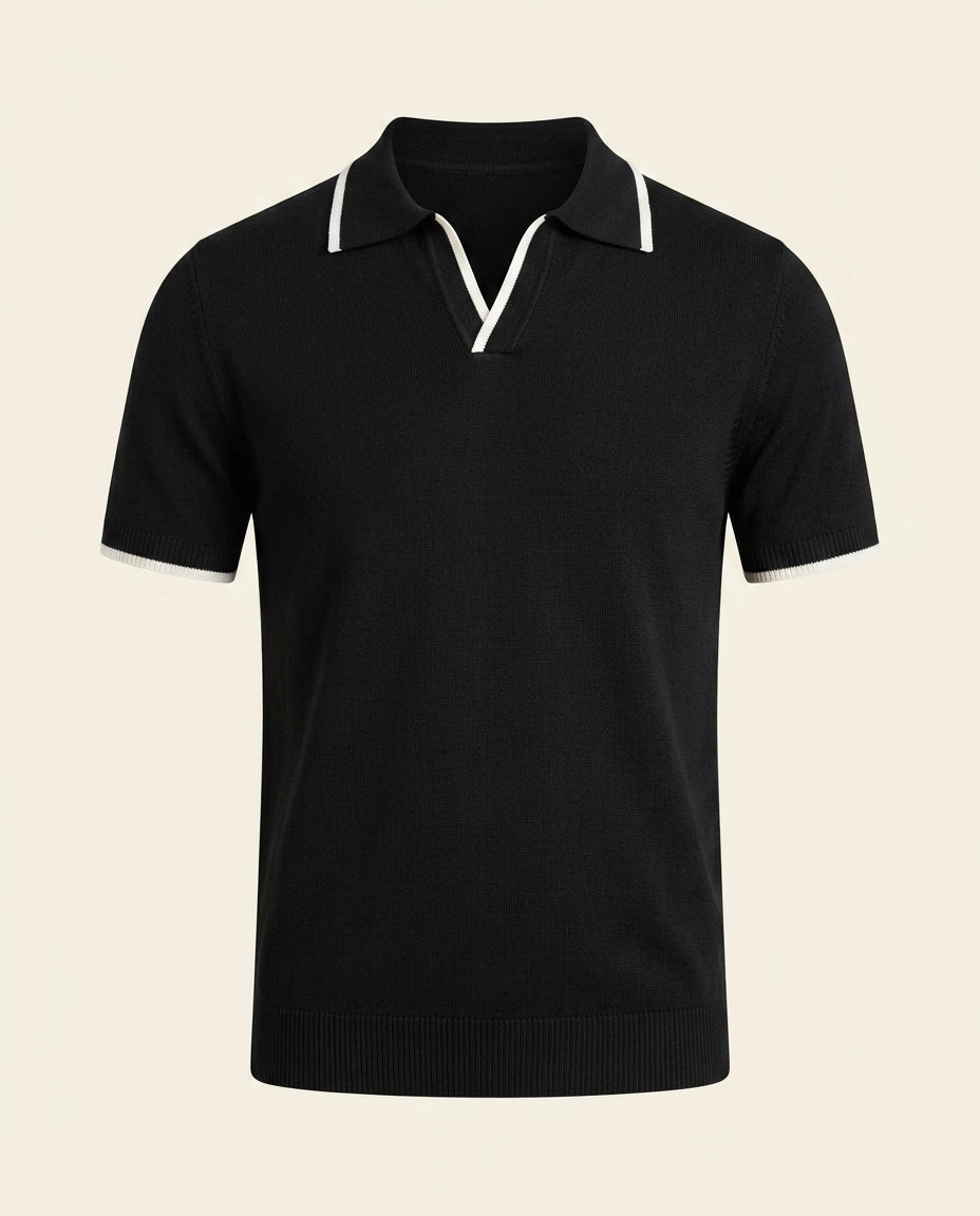 Open Collar Knit Polo Black