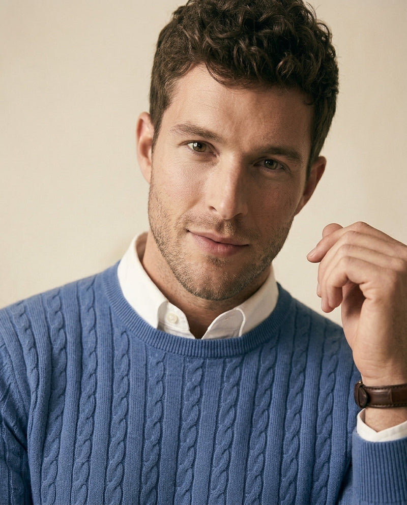 Cable Knit Crewneck Sweater Steel Blue