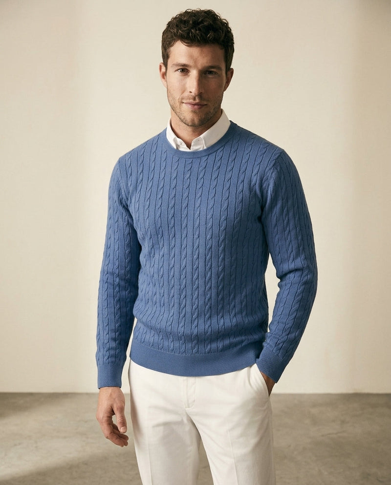 Cable Knit Crewneck Sweater Steel Blue
