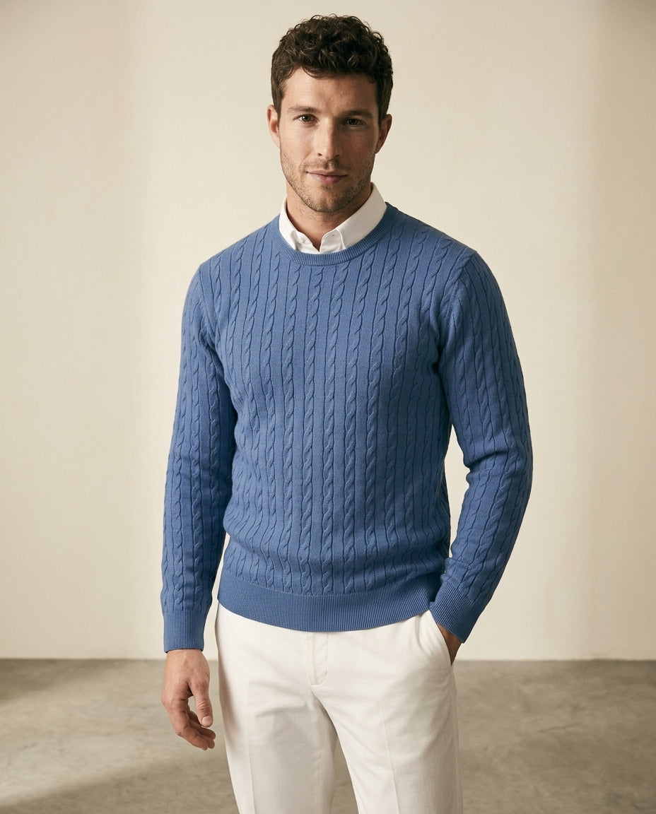 Cable Knit Crewneck Sweater Steel Blue
