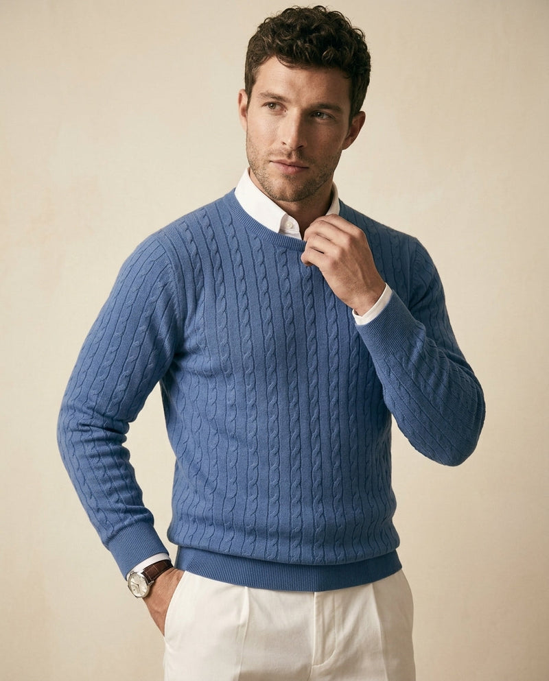 Cable Knit Crewneck Sweater Steel Blue