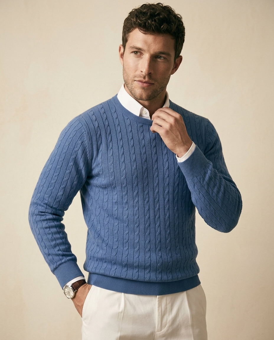 Cable Knit Crewneck Sweater Steel Blue