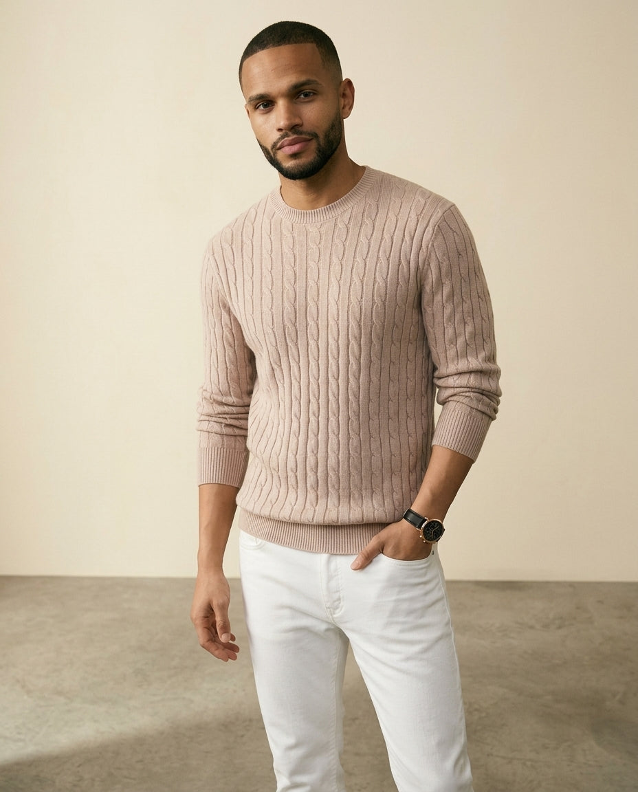 Cable Knit Crewneck Sweater Taupe