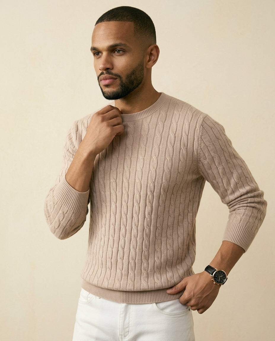 Cable Knit Crewneck Sweater Taupe