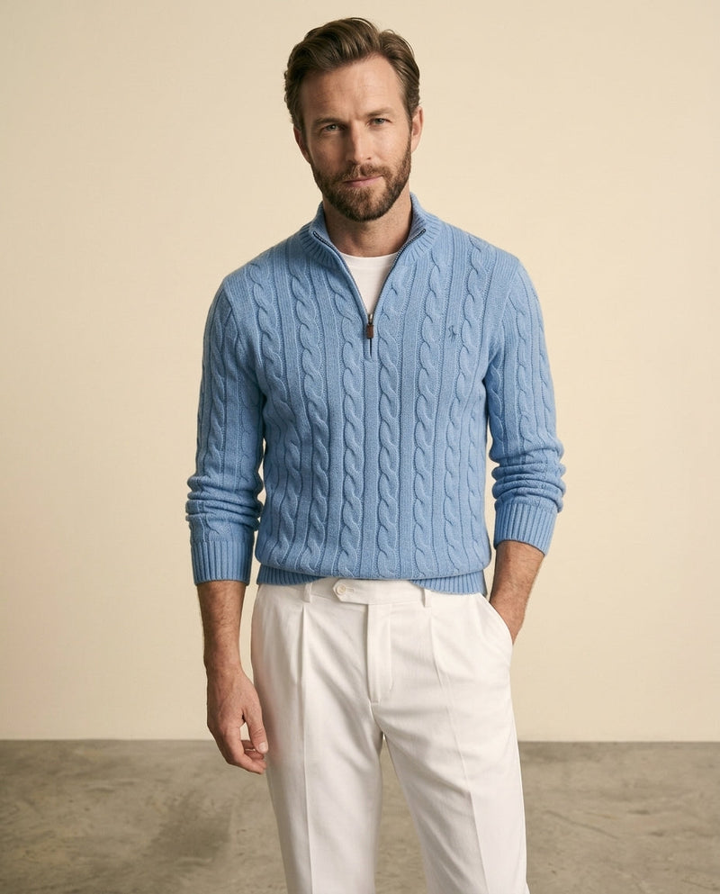 Cable Knit Zip & White Chino Set Blue