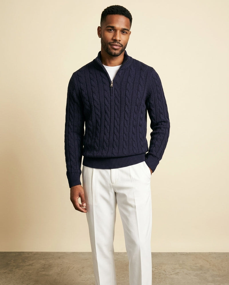 Cable Knit Zip & White Chino Set Navy