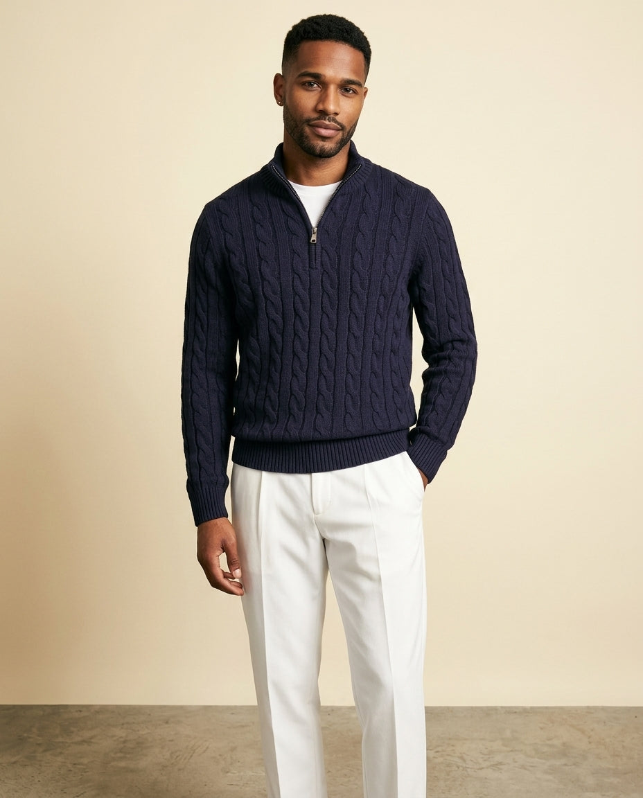 Cable Knit Zip & White Chino Set Navy