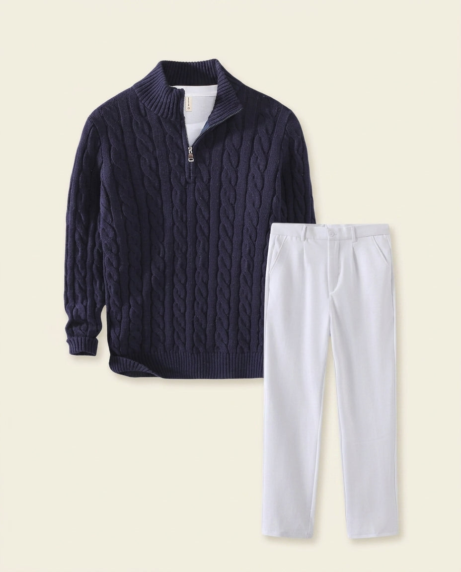 Cable Knit Zip & White Chino Set Navy