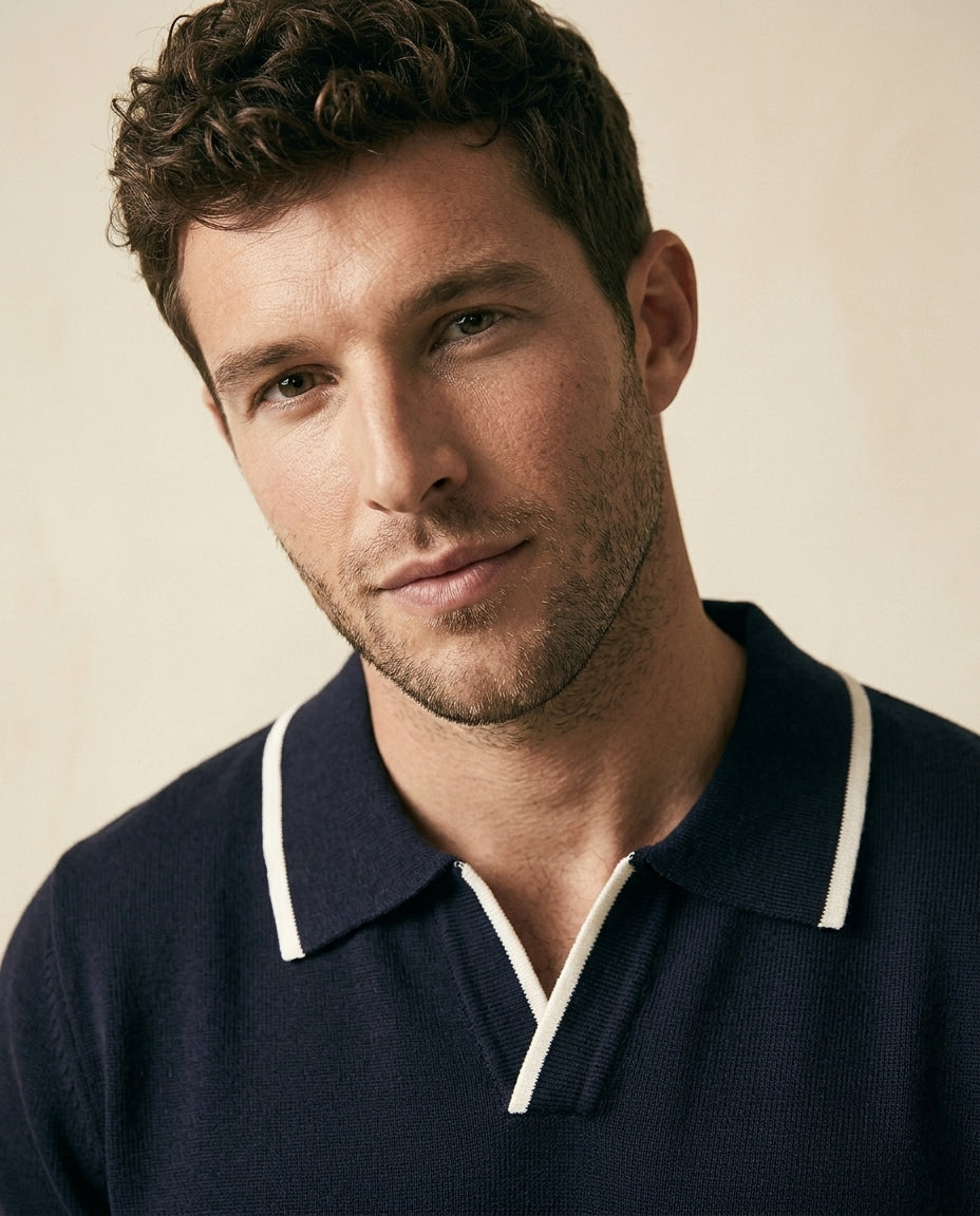 Navy Knit Polo & White Linen Trousers Set