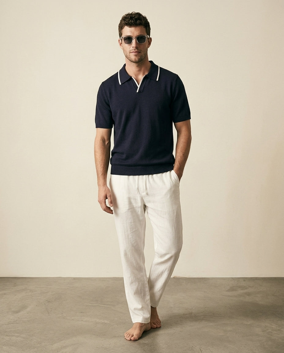 Navy Knit Polo & White Linen Trousers Set