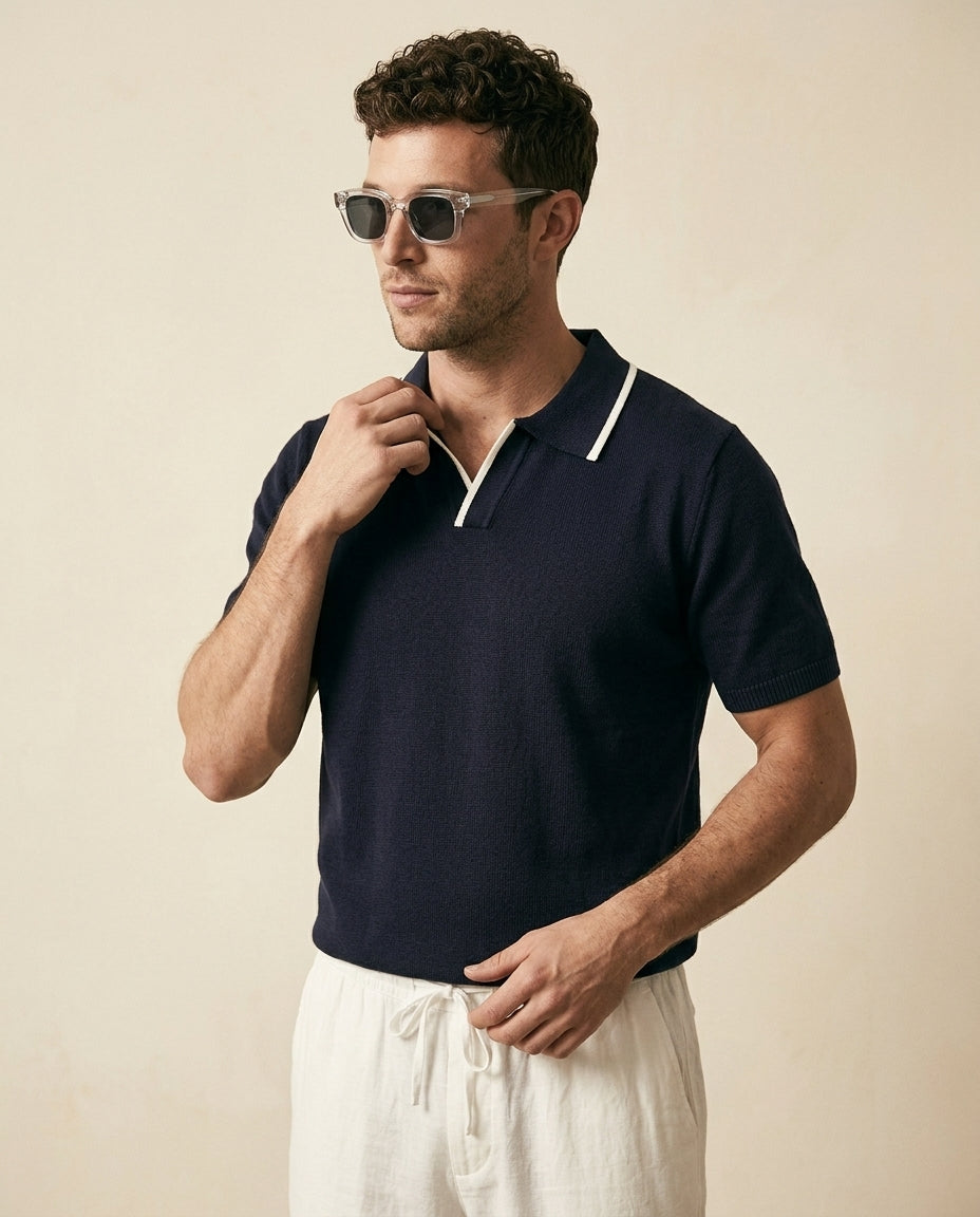 Navy Knit Polo & White Linen Trousers Set