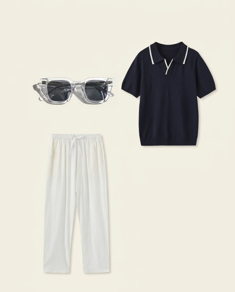 Navy Knit Polo & White Linen Trousers Set