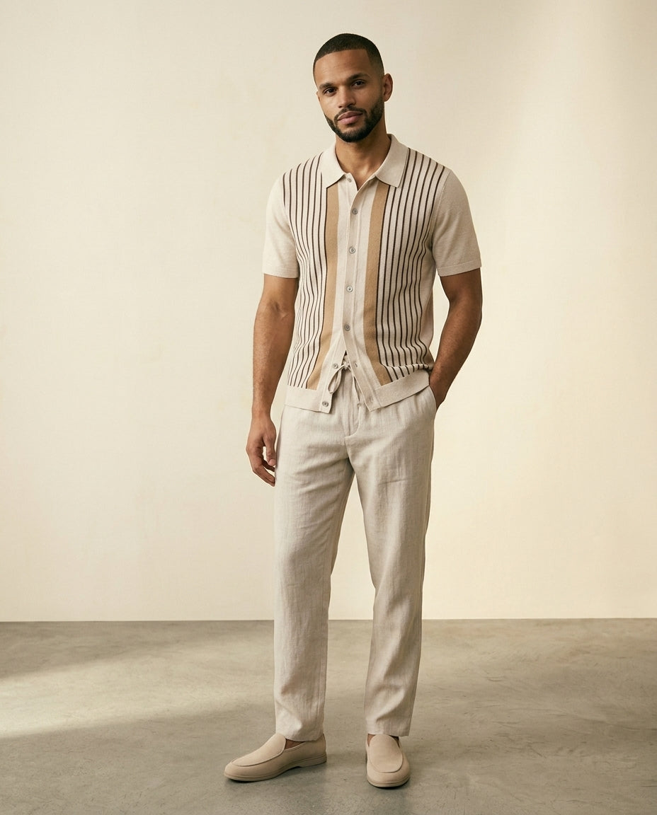 Stripe Knit Shirt & Linen Trousers Set