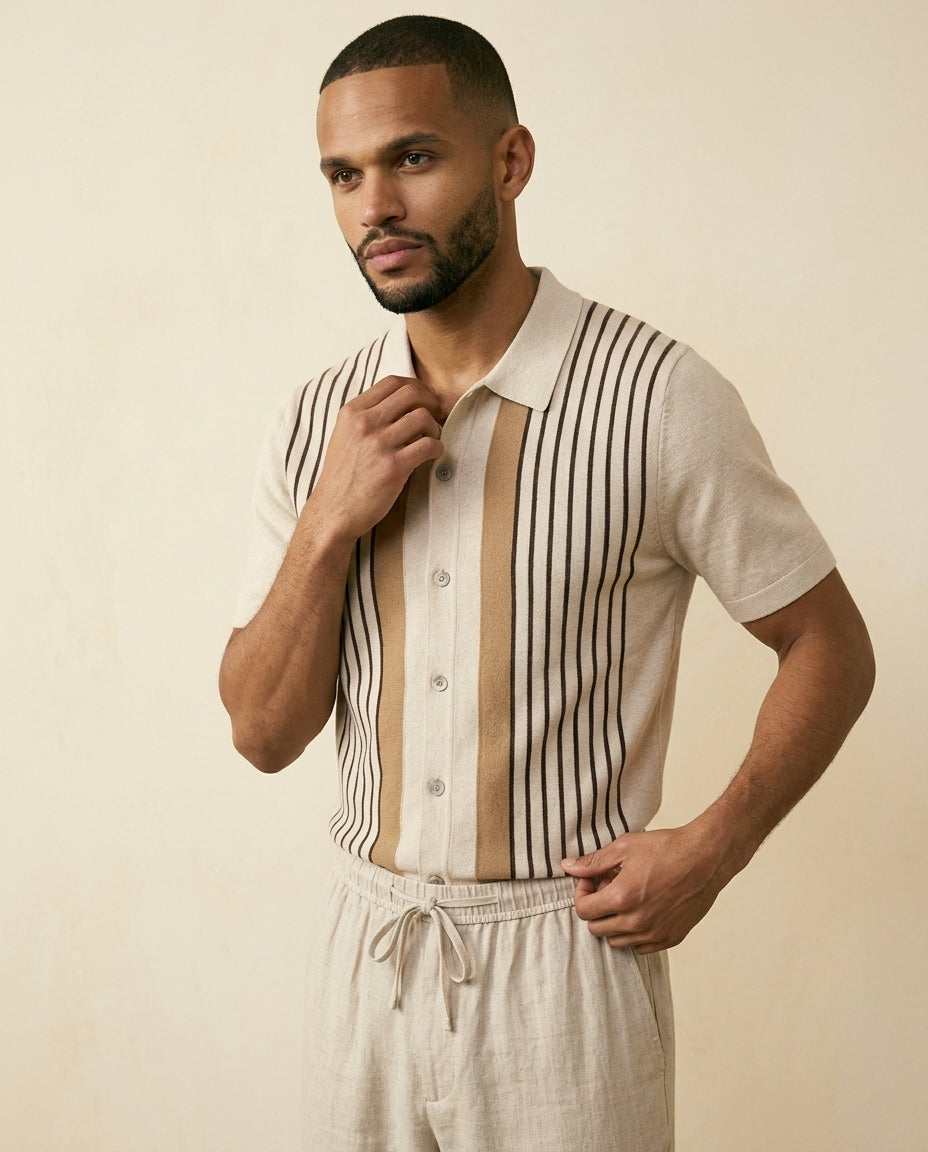 Stripe Knit Shirt & Linen Trousers Set
