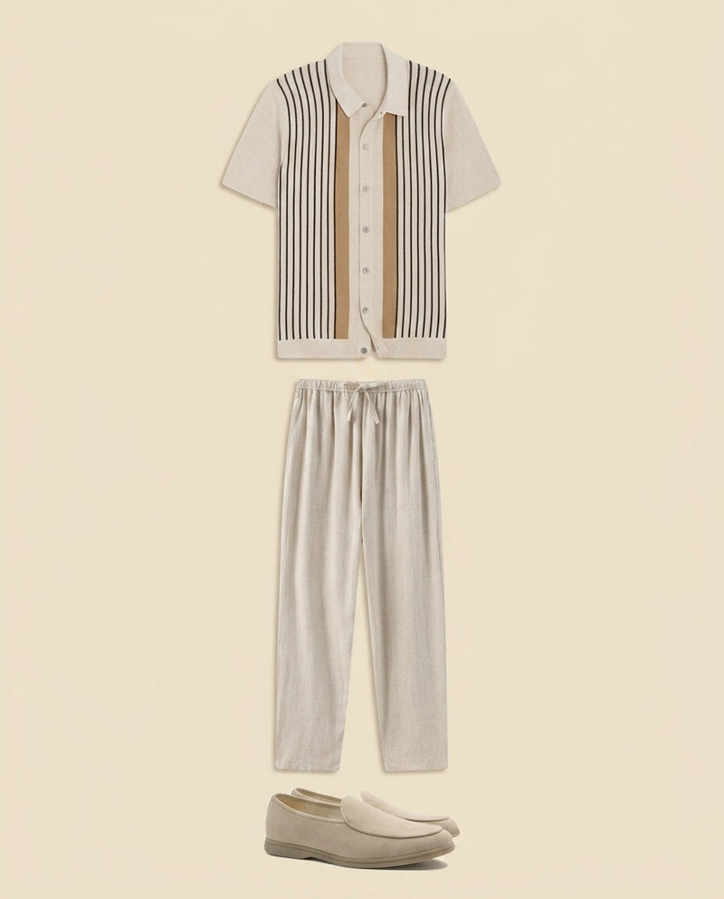 Stripe Knit Shirt & Linen Trousers Set
