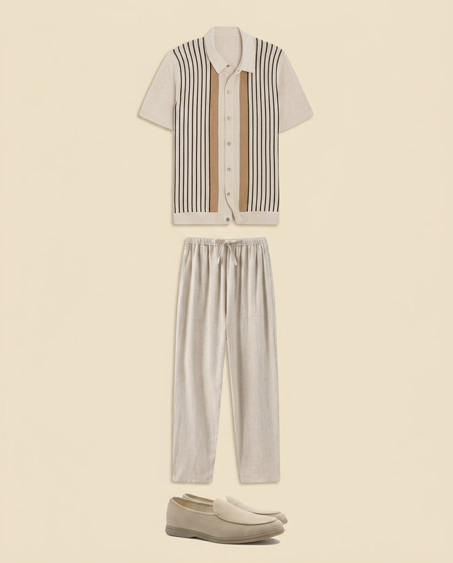 Stripe Knit Shirt & Linen Trousers Set