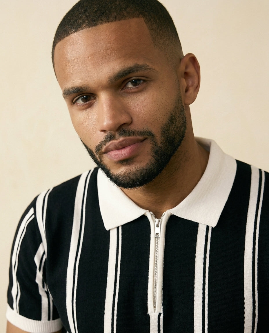 Stripe Zip Polo Shirt Black White