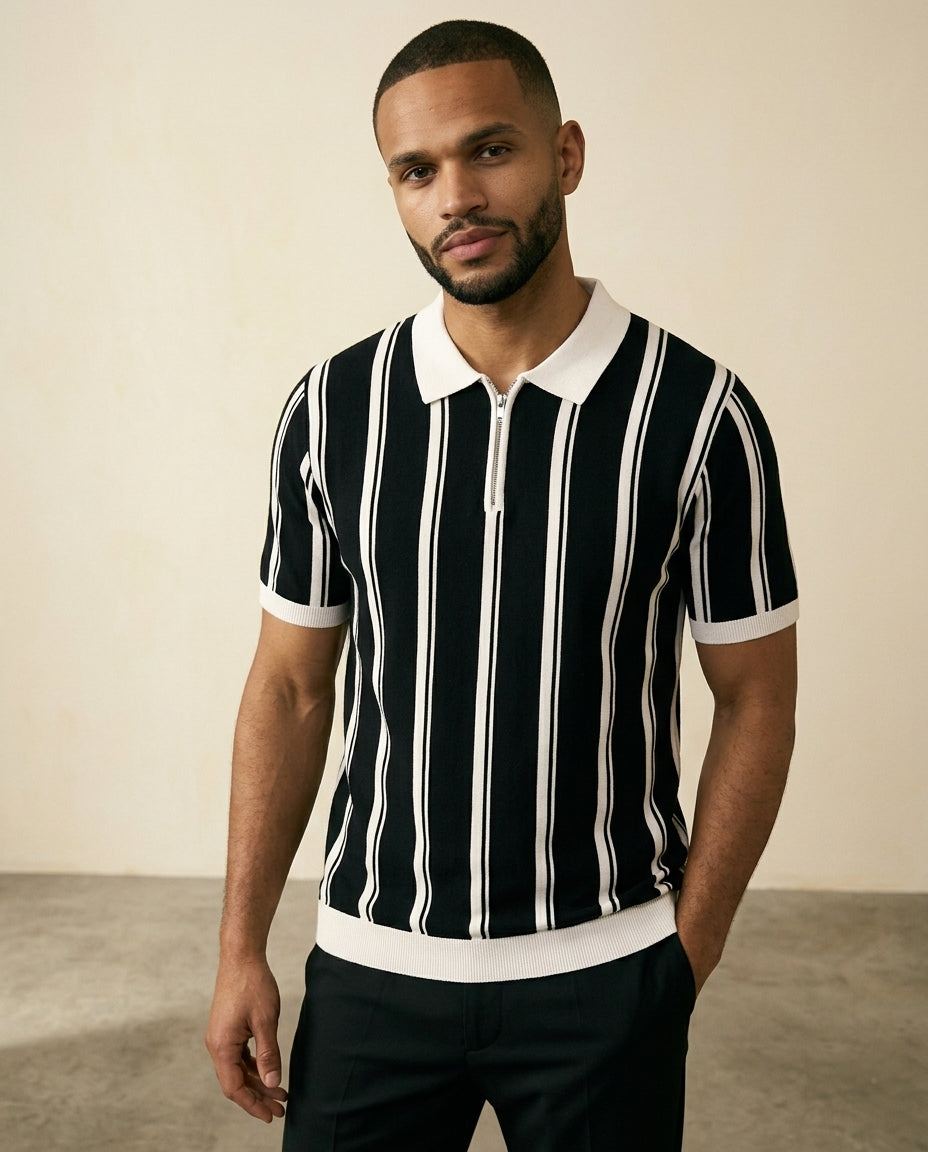 Stripe Zip Polo Shirt Black White