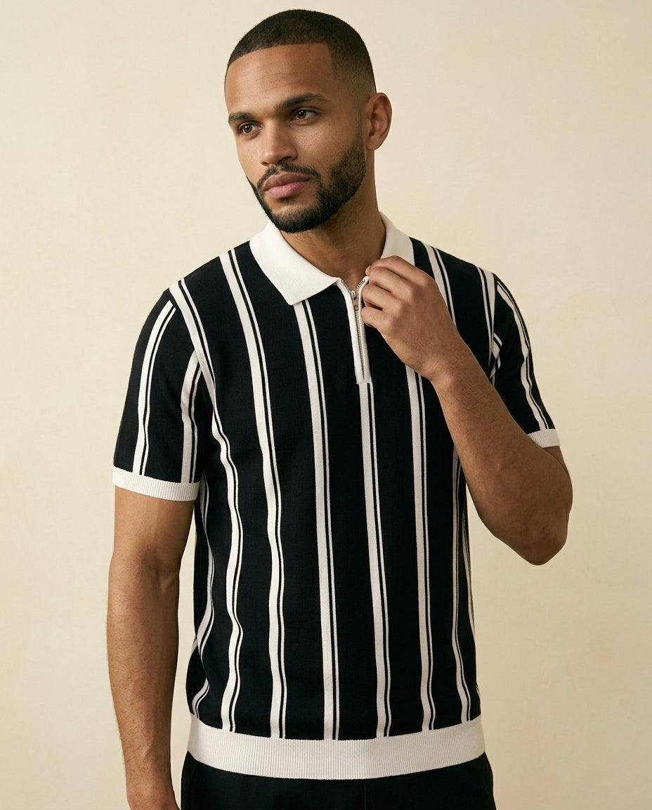 Stripe Zip Polo Shirt Black White