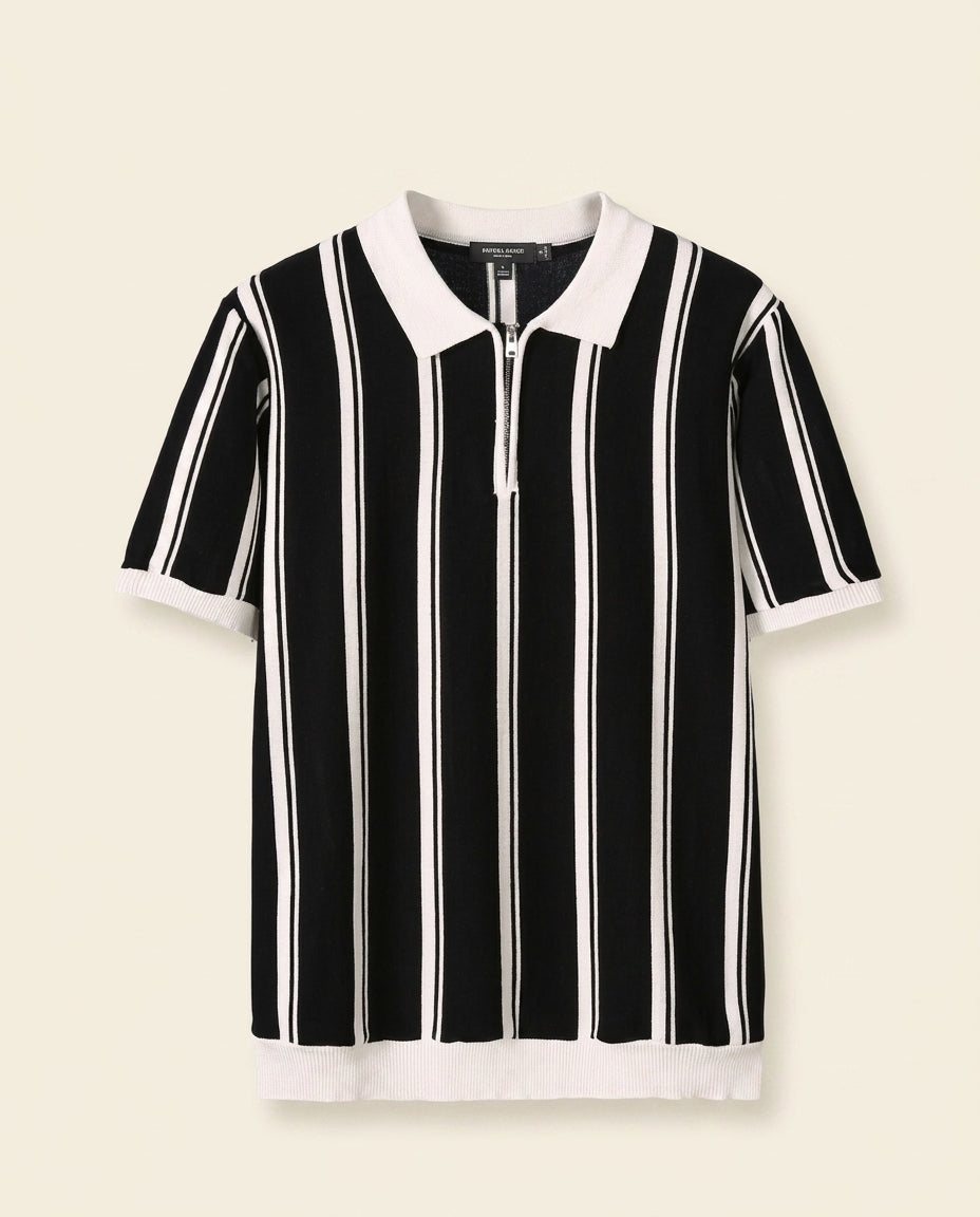 Stripe Zip Polo Shirt Black White