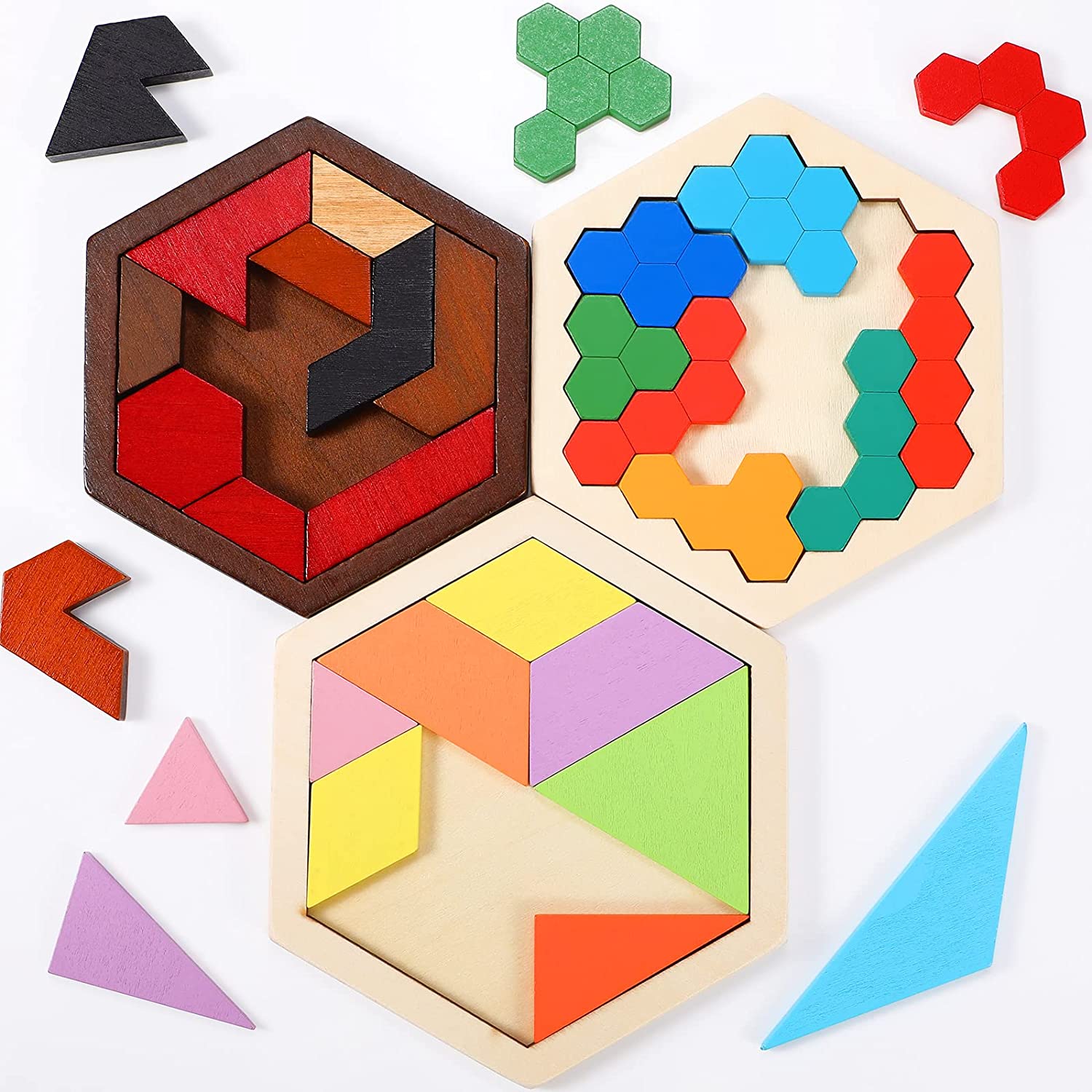Montessori Wooden Hexagon Puzzle for Kid Tangram