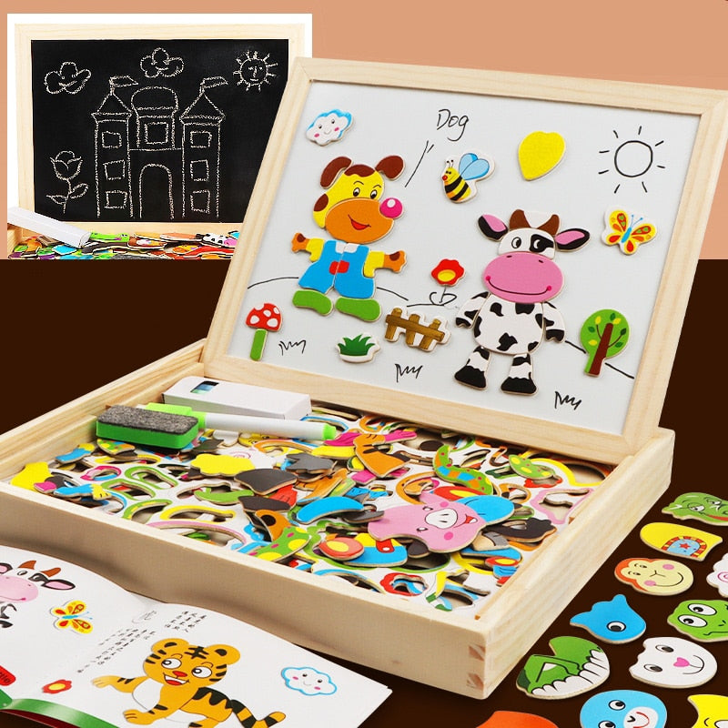 Montessori Wooden Multifunction Children Puzzle with Magnetic Writing and Drawing Board and Blackboard