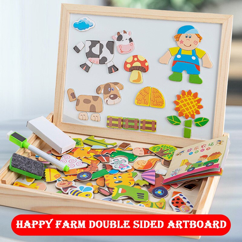 Montessori Wooden Multifunction Children Puzzle with Magnetic Writing and Drawing Board and Blackboard