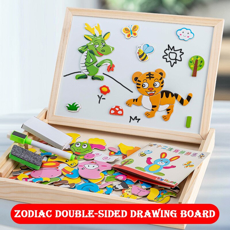 Montessori Wooden Multifunction Children Puzzle with Magnetic Writing and Drawing Board and Blackboard