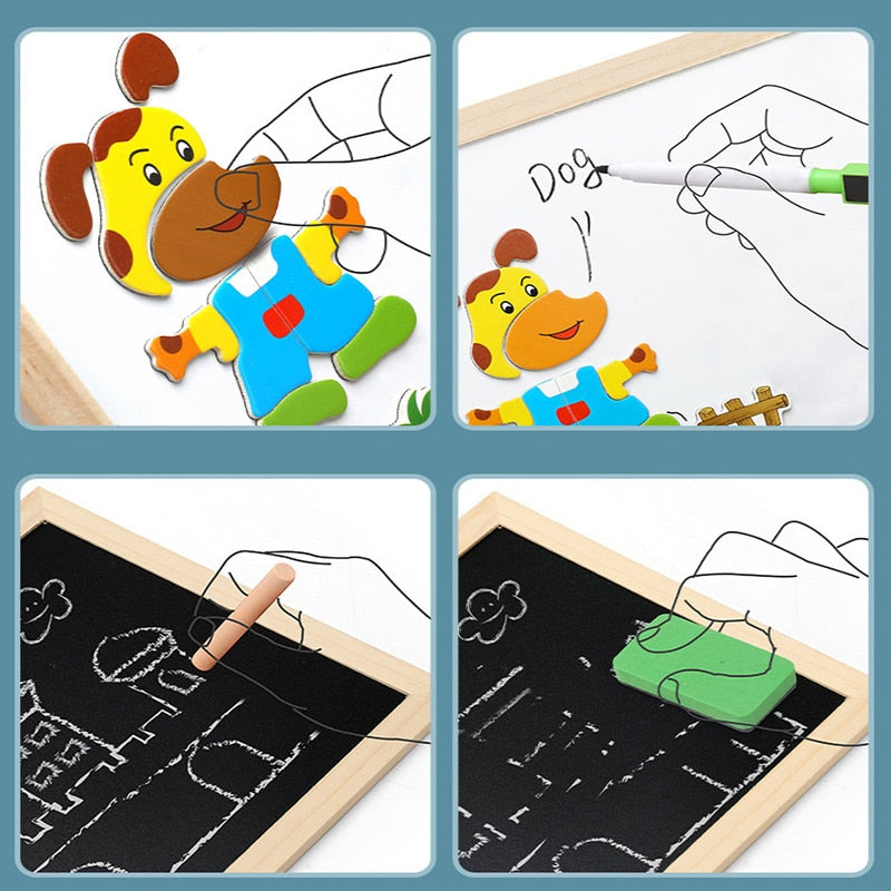 Montessori Wooden Multifunction Children Puzzle with Magnetic Writing and Drawing Board and Blackboard