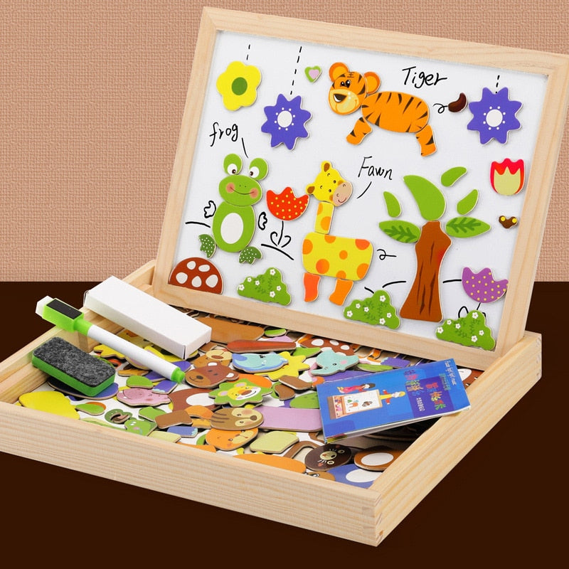 Montessori Wooden Multifunction Children Puzzle with Magnetic Writing and Drawing Board and Blackboard