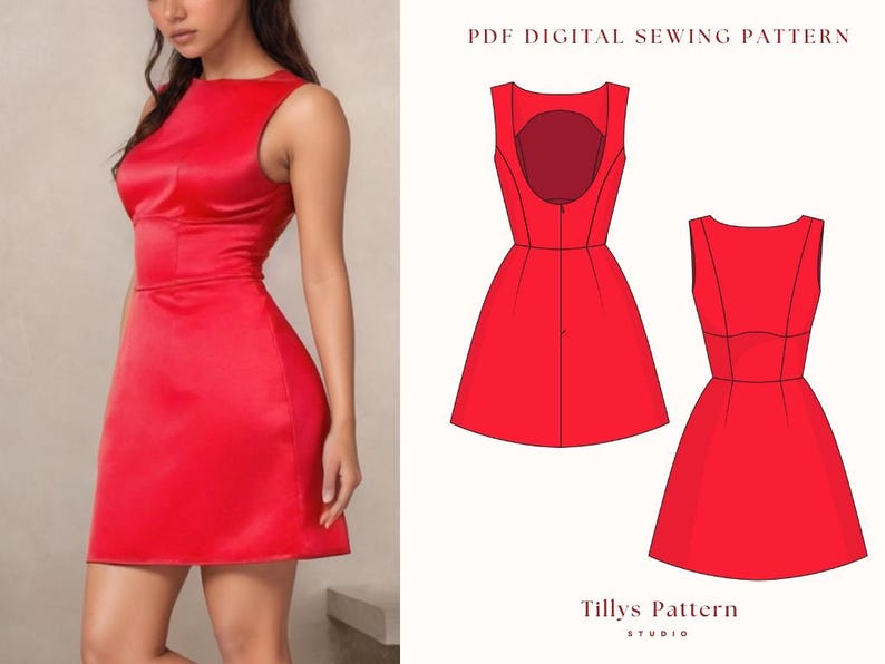 Mini Dress Sewing Pattern| Open back mini dress| Hourglass Shape Dress| Wedding guest dress| Prom Dress Pattern| Homecoming dress| US 0-22 (PDF Download)